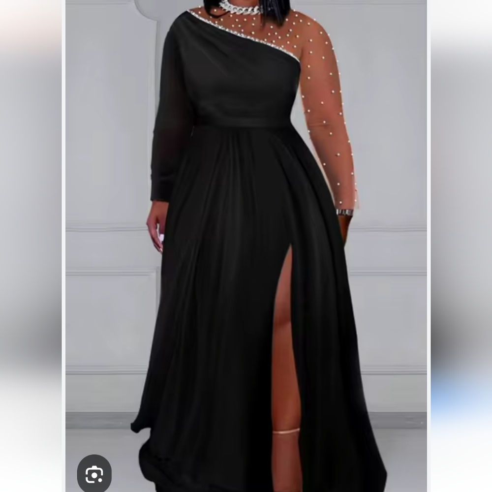 NWT XPluswear Black Round Neck Long Sleeve Split Pearls Maxi Dresses XL